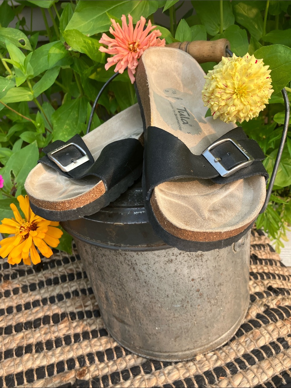 Birkenstock Black Single-Band Cork Slide Sandals with Silver Buckle